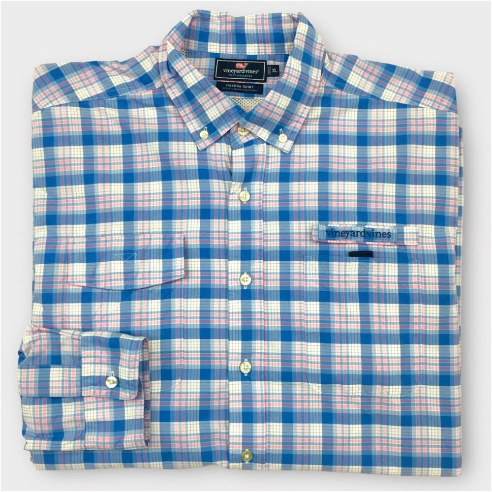 VINEYARD VINES HARBOR SHIRT Mens Size XL Vented Nylon Blue‎ Plaid Vented